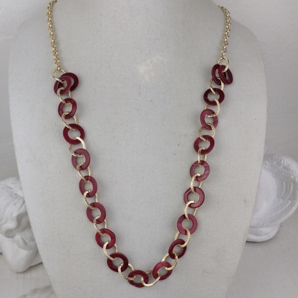 Candy Apple Red Lucite & Gold Tone Rings Chain Link Long Necklace
